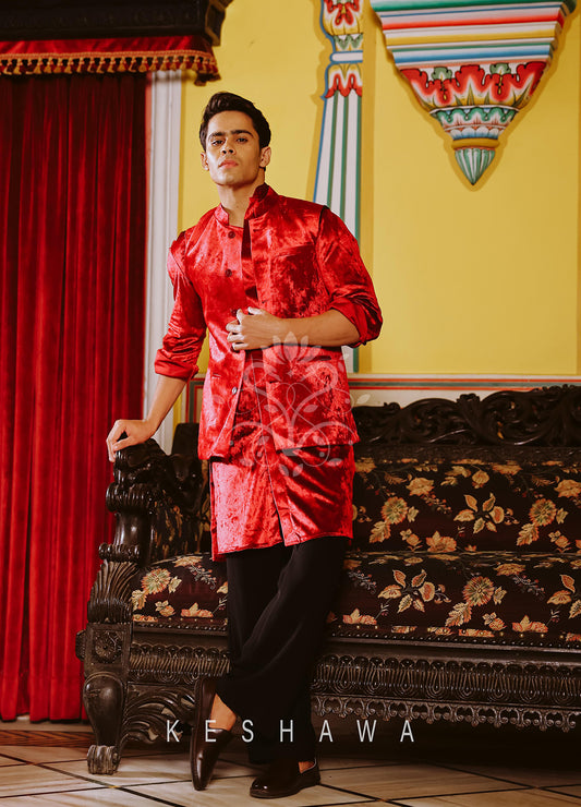 Red Velvet Kurta and Jacket: Regal Splendor