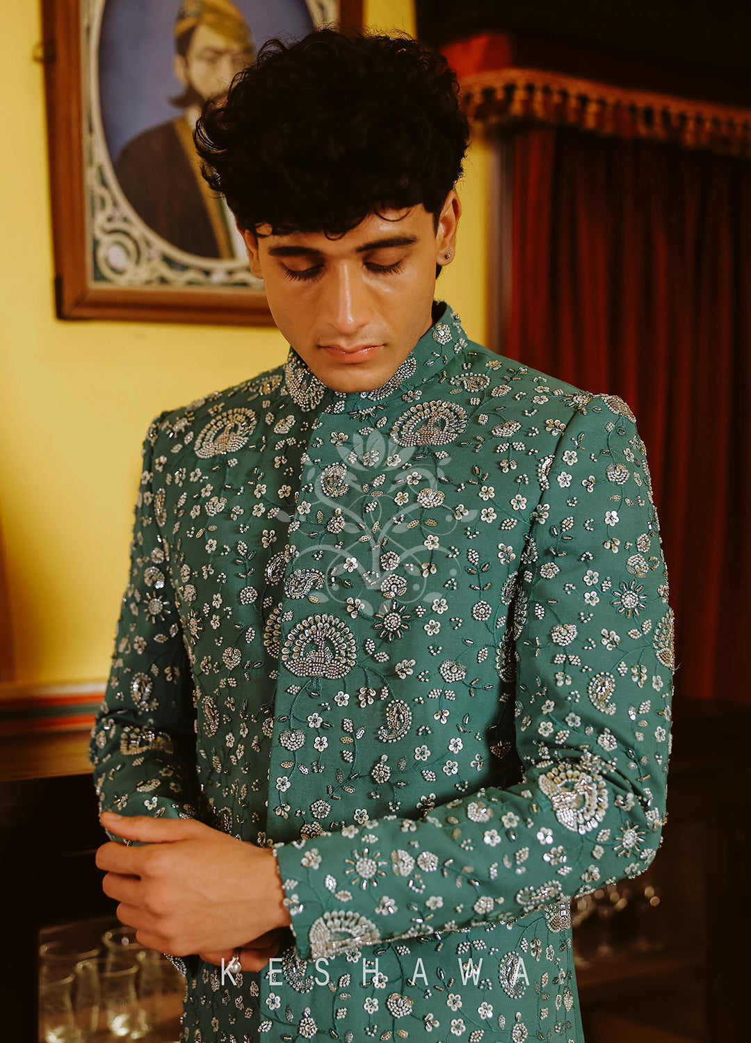 Aqua Green Glass Beads Embroidery Indowestern: Style Meets Sophistication