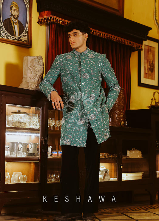 Aqua Green Glass Beads Embroidery Indowestern: Style Meets Sophistication