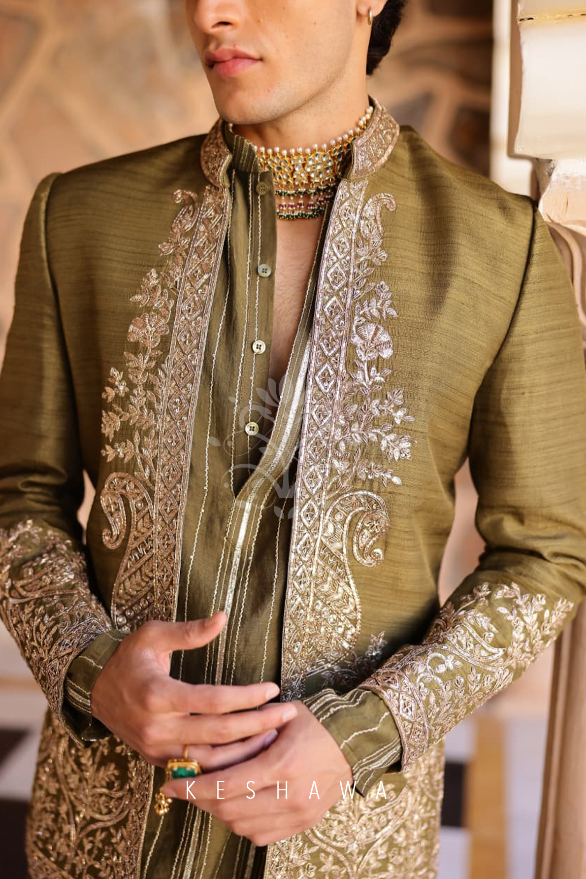 Olive-Toned Sherwani with Zardozi Embroidery: Modern Heritage