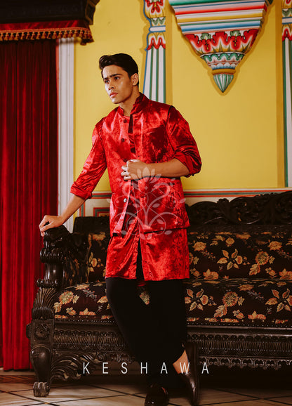 Red Velvet Kurta and Jacket: Regal Splendor