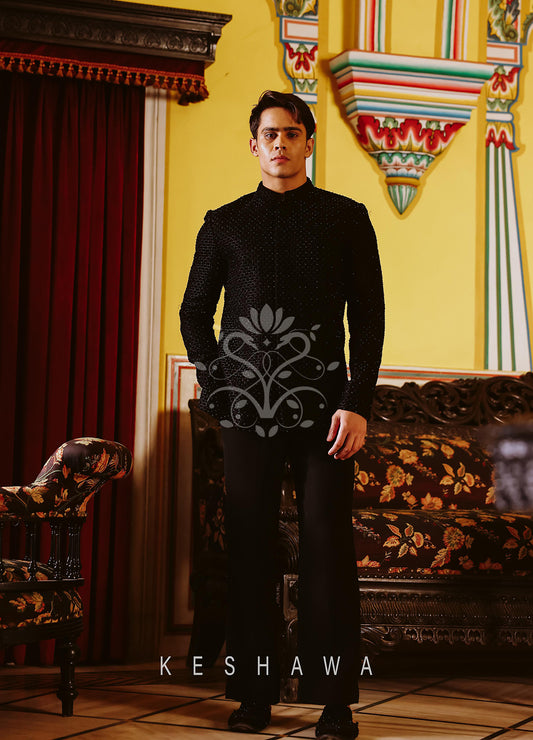 Black Glass Beads Jodhpuri Suit: Elegance with Edge