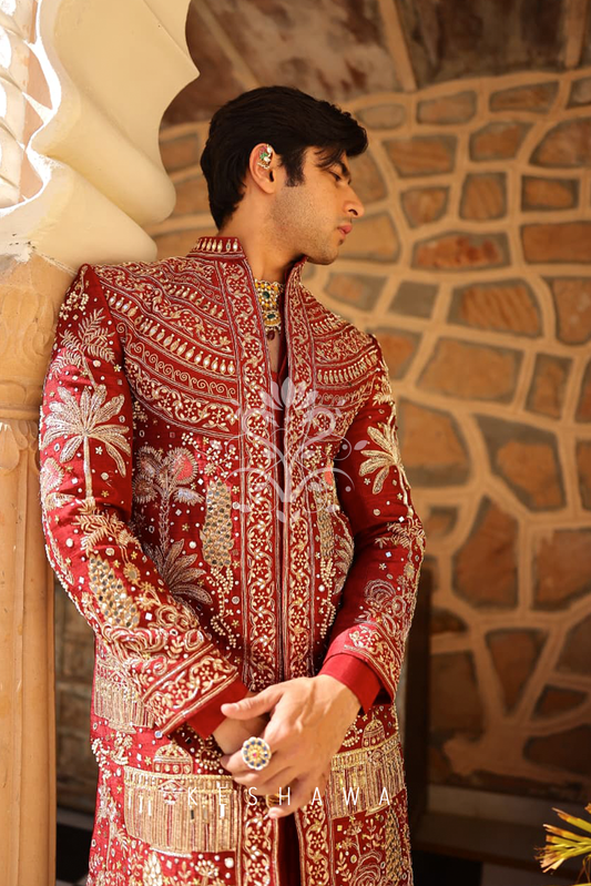 Deep Heritage Red Sherwani with Dori & Zardozi Embroidery: Craft Meets Tradition