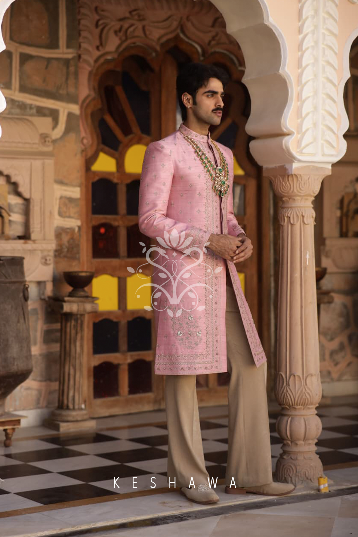 Muted Rose Silk Sherwani with Hand Embroidery: Quiet Grandeur