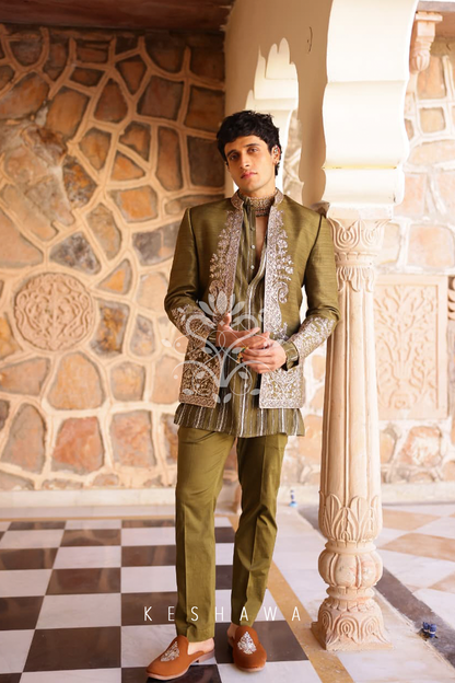 Olive-Toned Sherwani with Zardozi Embroidery: Modern Heritage