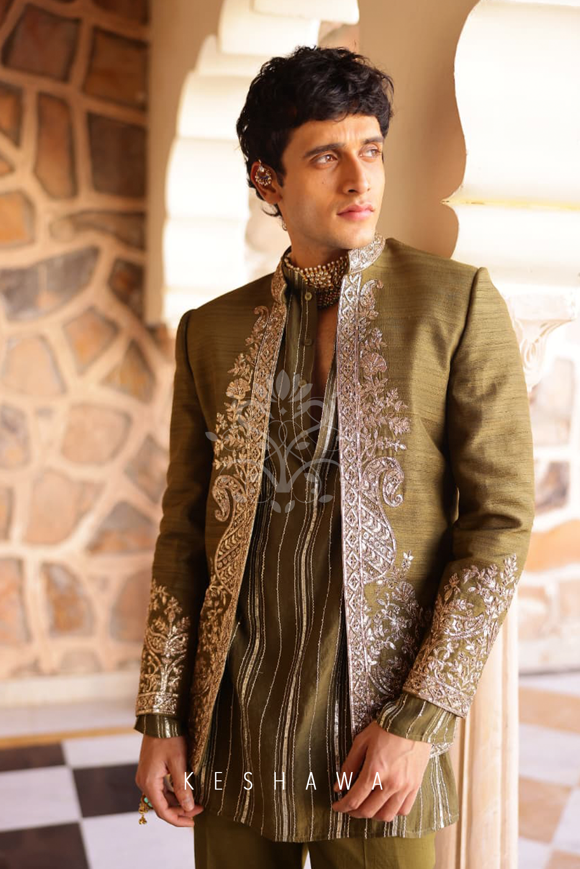 Olive-Toned Sherwani with Zardozi Embroidery: Modern Heritage