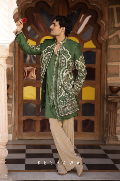 Emerald Silk Kurta with Zardozi Jacket: Regal Ease