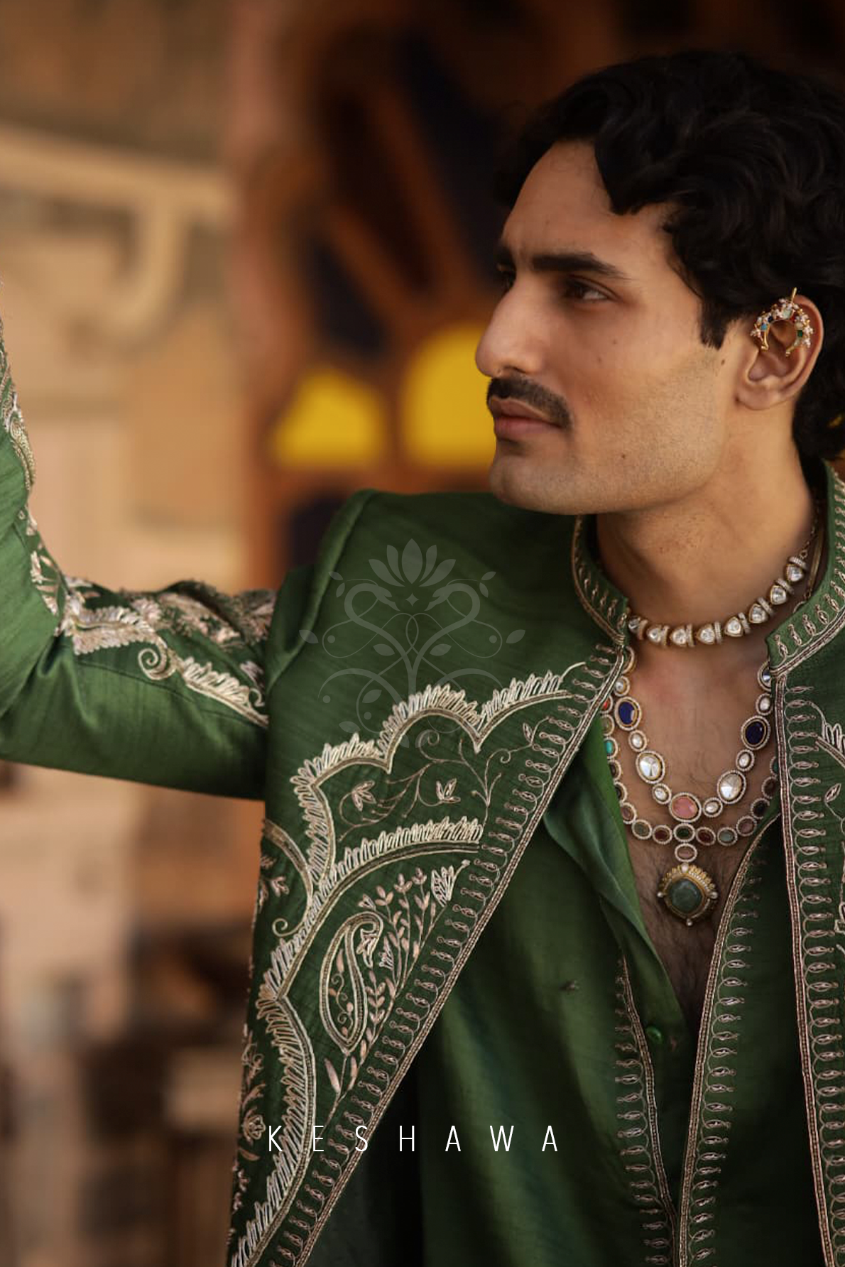 Emerald Silk Kurta with Zardozi Jacket: Regal Ease