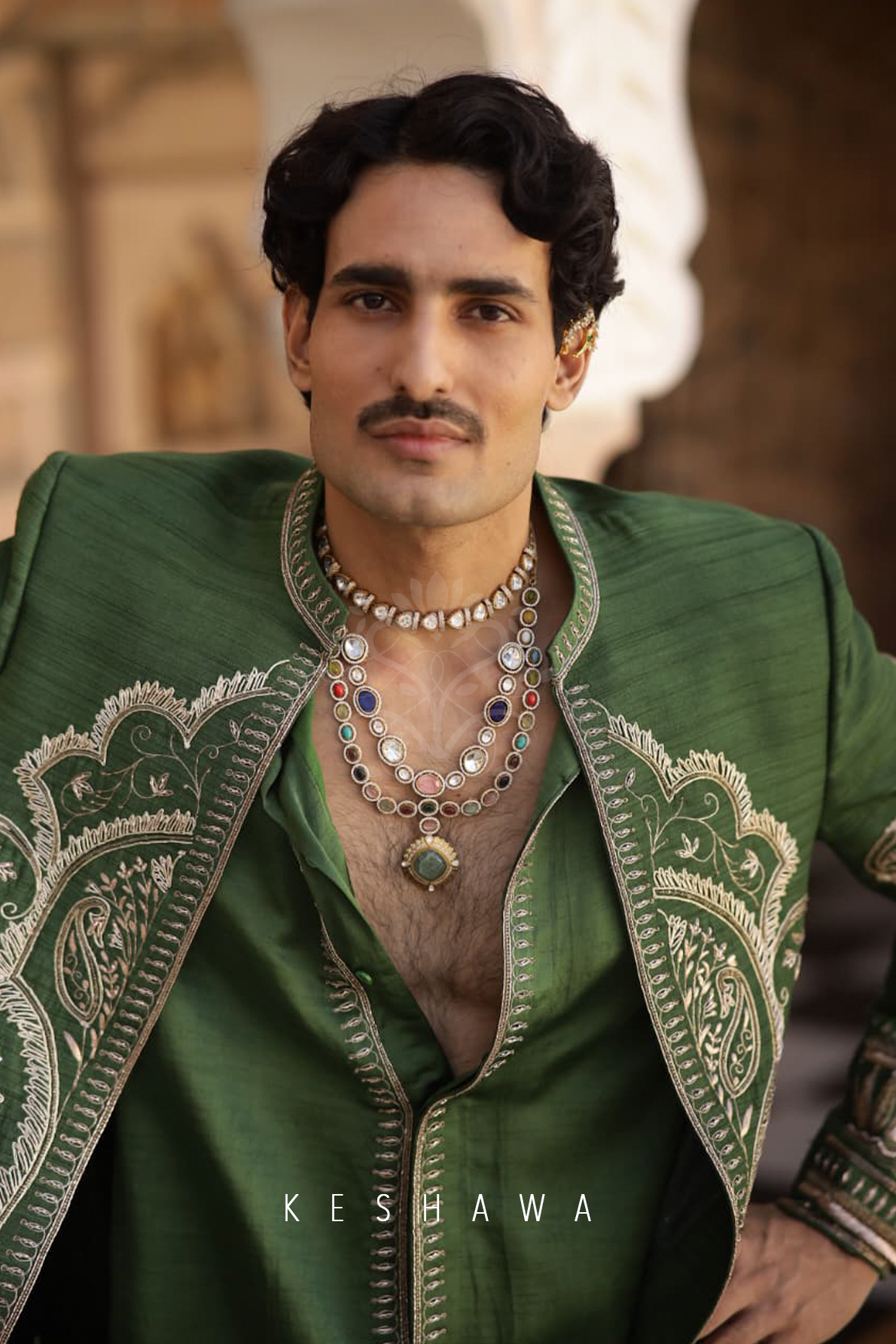 Emerald Silk Kurta with Zardozi Jacket: Regal Ease
