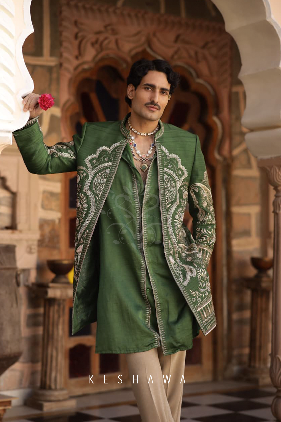 Emerald Silk Kurta with Zardozi Jacket: Regal Ease