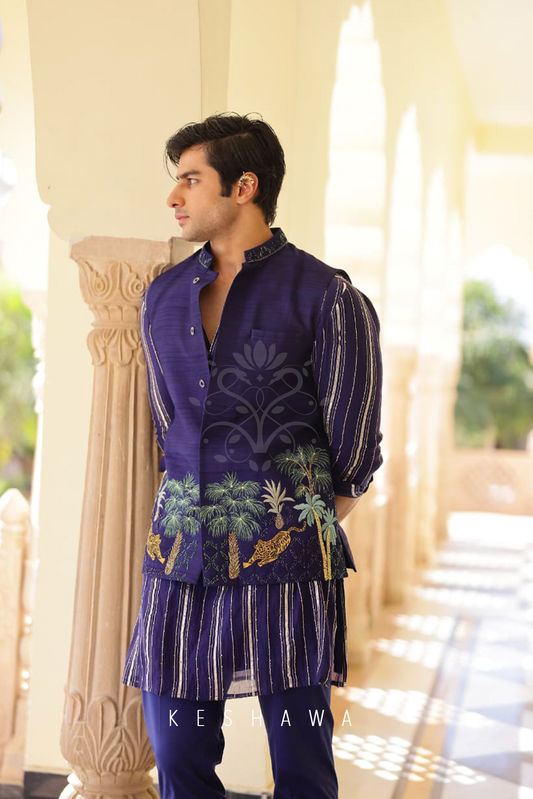 Indigo Silk Ensemble with Nature-Inspired Embroidery: Art in Motion