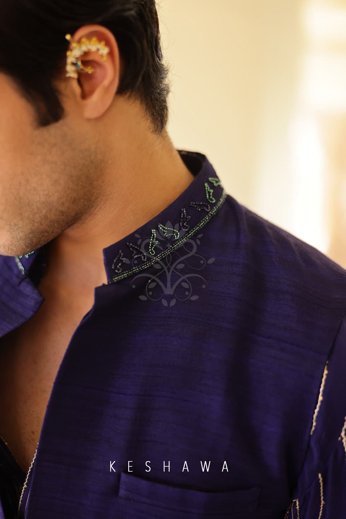 Indigo Silk Ensemble with Nature-Inspired Embroidery: Art in Motion