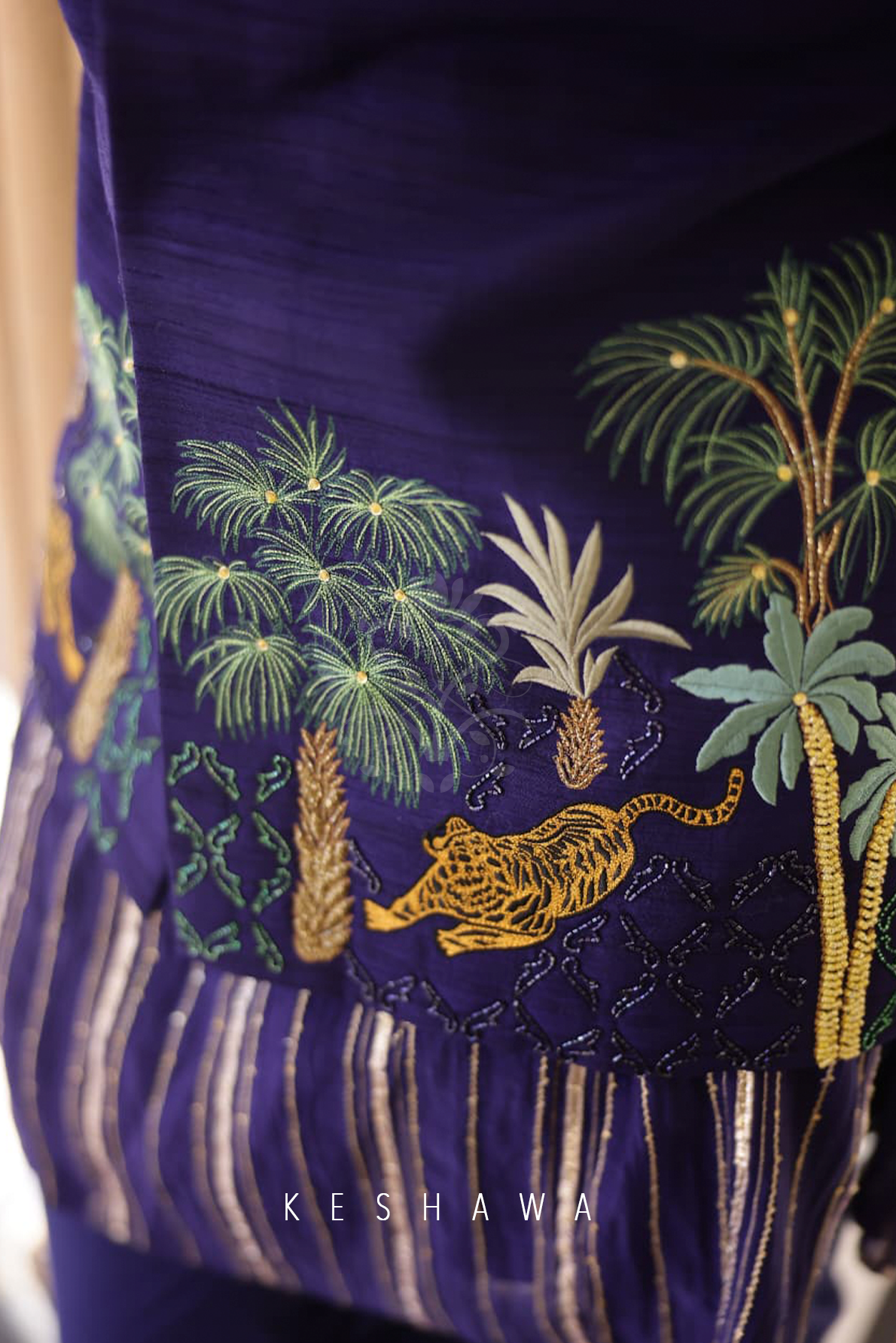 Indigo Silk Ensemble with Nature-Inspired Embroidery: Art in Motion