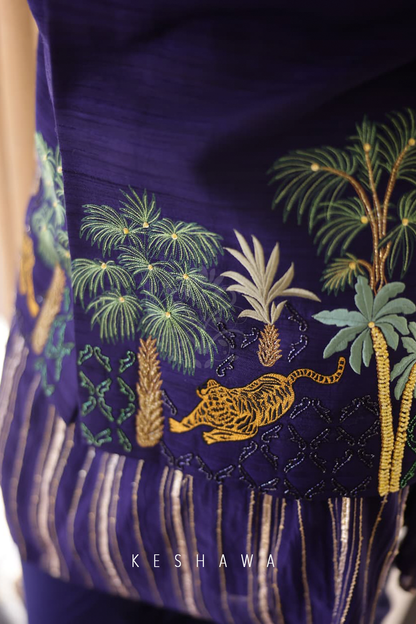 Indigo Silk Ensemble with Nature-Inspired Embroidery: Art in Motion