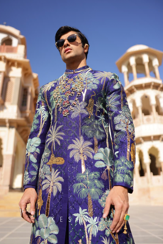Royal Indigo Sherwani with Zardozi: Narrative Embroidery