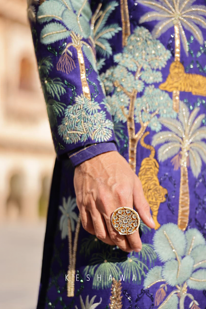 Royal Indigo Sherwani with Zardozi: Narrative Embroidery