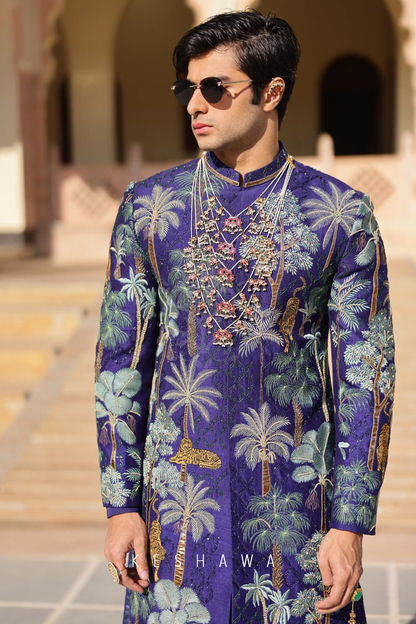 Royal Indigo Sherwani with Zardozi: Narrative Embroidery