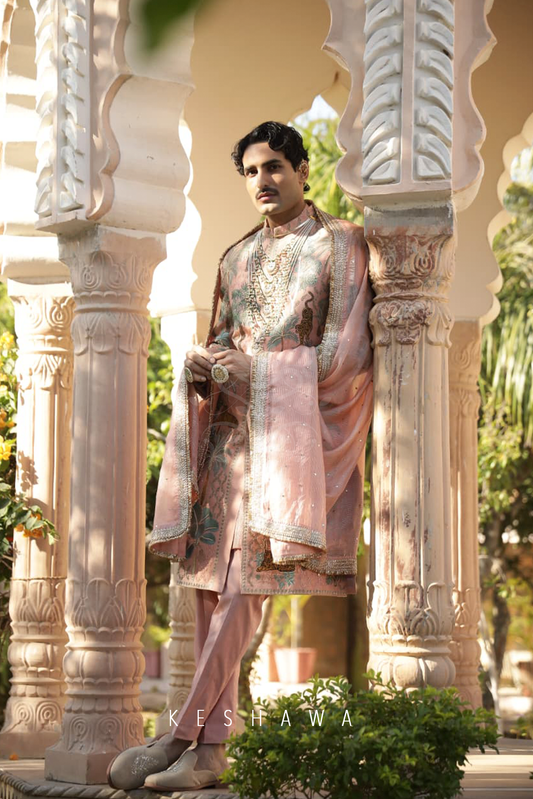 Blush Rose Sherwani with Zardozi: Narrative Embroidery