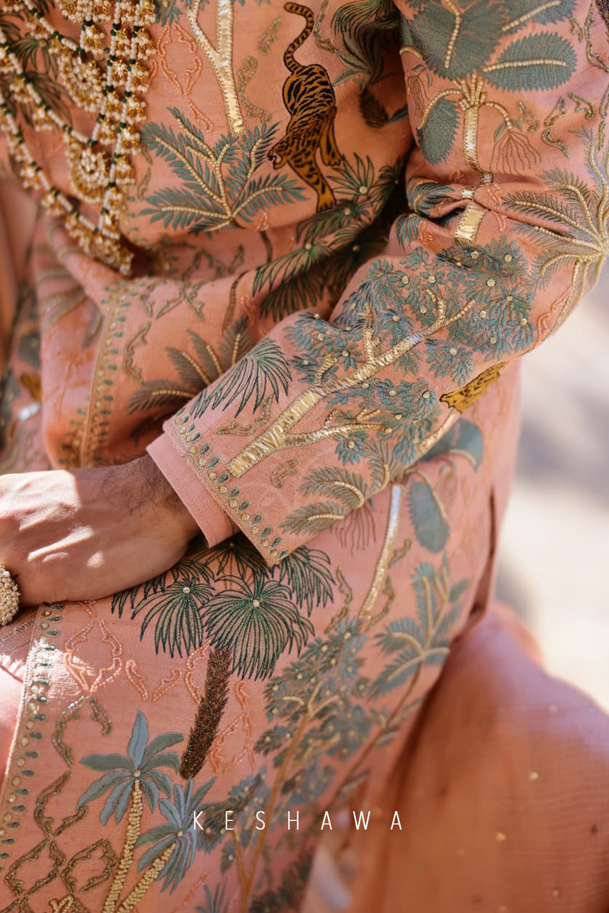 Blush Rose Sherwani with Zardozi: Narrative Embroidery