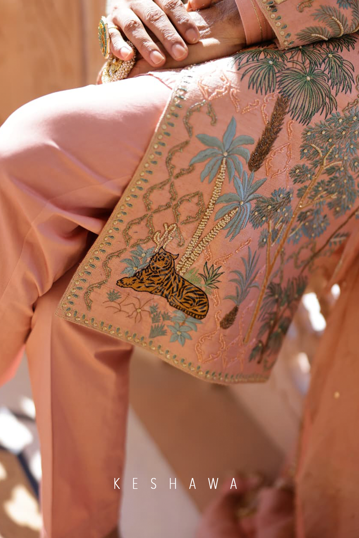 Blush Rose Sherwani with Zardozi: Narrative Embroidery