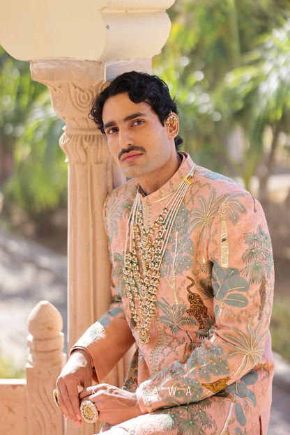 Blush Rose Sherwani with Zardozi: Narrative Embroidery